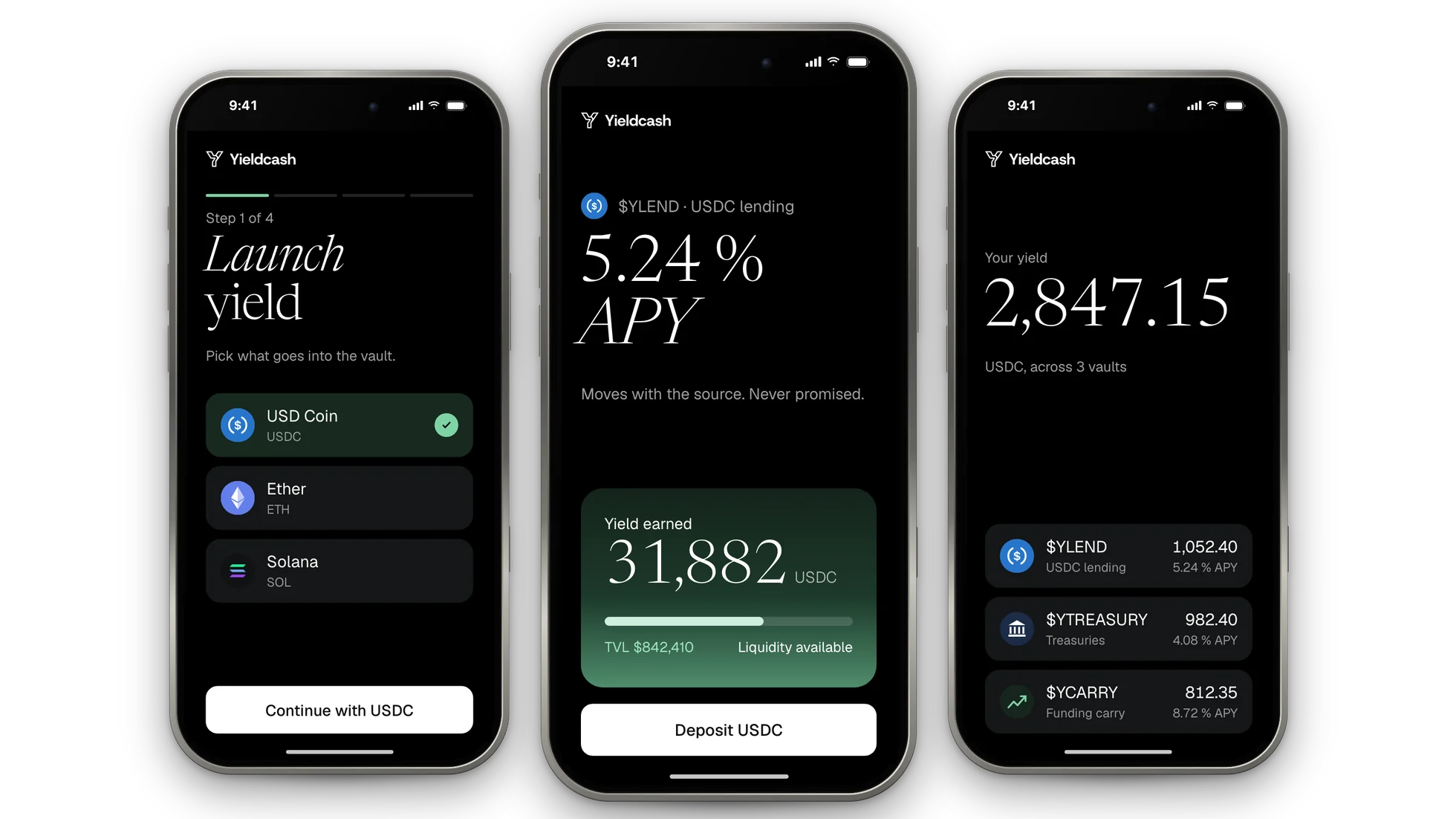 Yieldcash app on three iPhones: the launch wizard, the $YLEND yield page, a portfolio of vault tokens